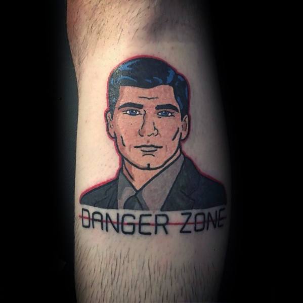 Minimalist Archer tattoo featuring the spy in a suit with bold outlines, a red glow effect, and 'Danger Zone' text below.