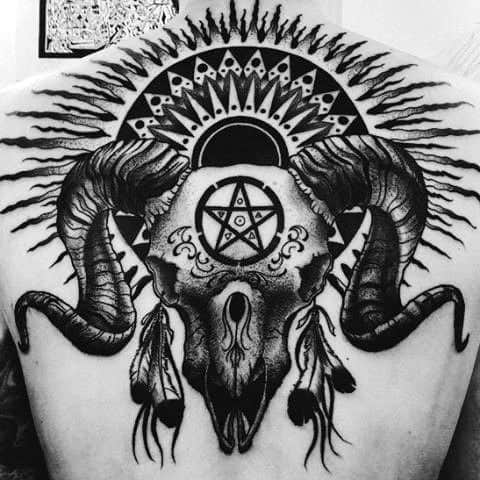 Masculine Aries Ram Skull Mens Back Tattoo