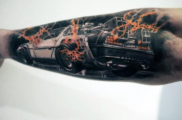 Masculine Back To The Future Delorean Outer Forearm Tattoo Ideas For Men