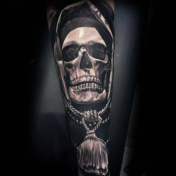 Masculine Badass Blackwork Skull With Rope Forearm Sleeve Tattoos For Men