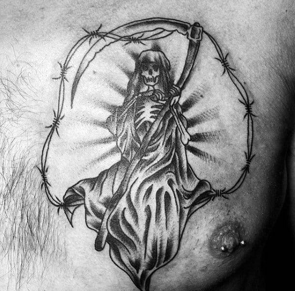 Masculine Barbed Wire Tattoos For Men Grim Reaper Design On Upper Chest