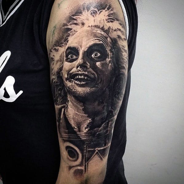 Masculine Beetlejuice Themed Mens Shaded Half Sleeve Tattoo Design Ideas