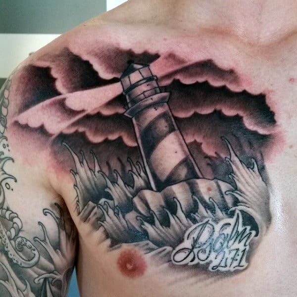 Masculine Bible Verse Tattoos For Men On Chest With Lighthouse