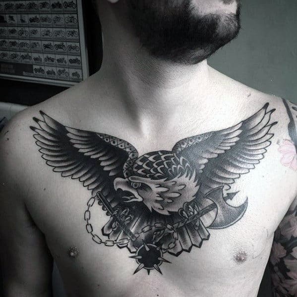 Masculine Bird Eagle Traditional Upper Chest Shaded Tattoos For Guys