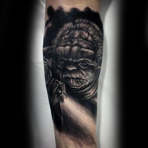 Masculine Black And Grey Yoda Forearm Sleeve Tattoo On Man