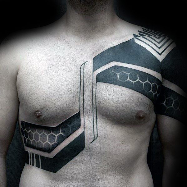 Masculine Blackwork Geometric Chest Tattoos For Men