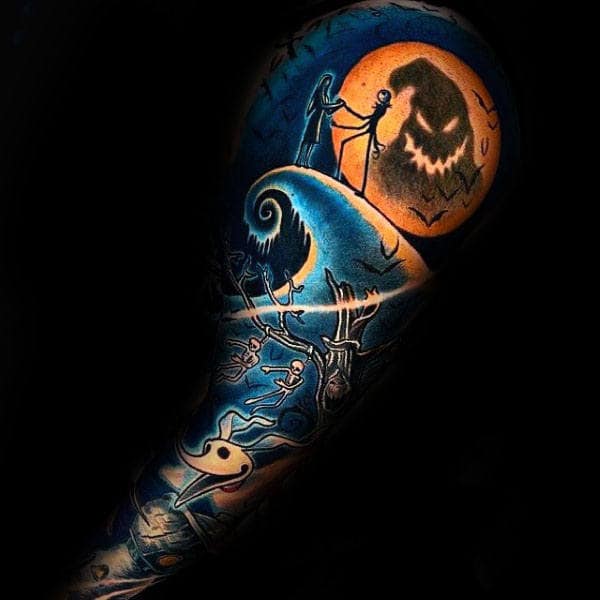 Masculine Blue And Orange Night Before Christmas Mens Themed Sleeve Tattoo