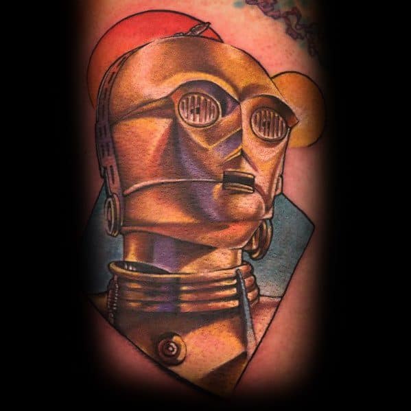 Stylized C-3PO tattoo with geometric shapes and a warm color palette, blending sci-fi with artistic, abstract elements.