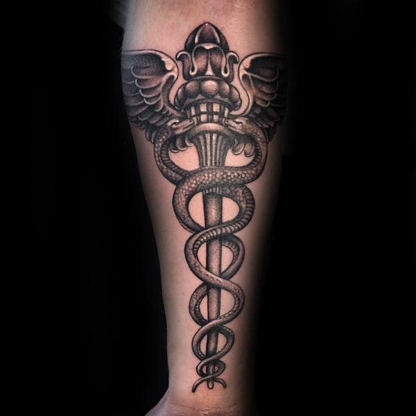 Masculine Caduceus Inner Forearm Male Tattoo Ideas