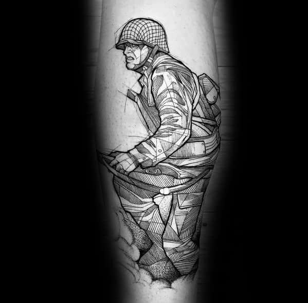 Detailed black and grey Call of Duty WWII soldier tattoo featuring intricate linework and shading, depicting a soldier in action with a rifle.