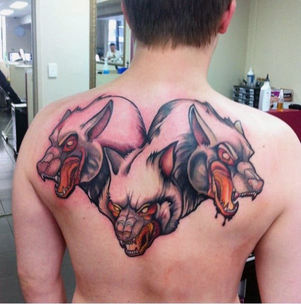 Masculine Cerberus Guys Upper Back Greek Mythology Tattoo Ideas