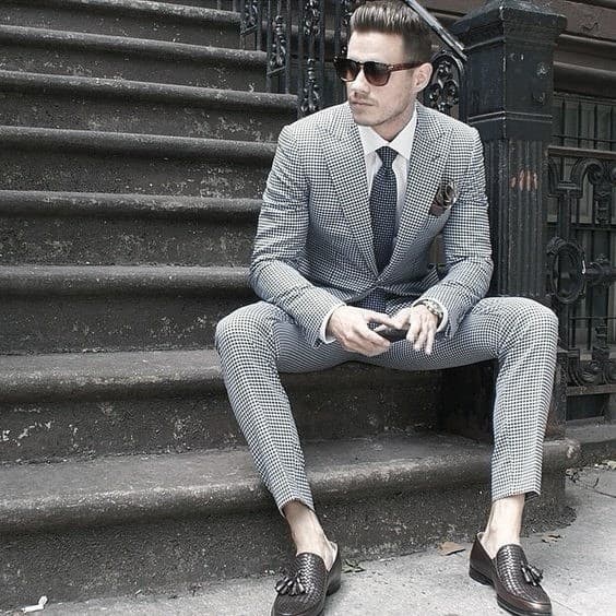 Masculine Charcoal Grey Suit Brown Shoes Male Style