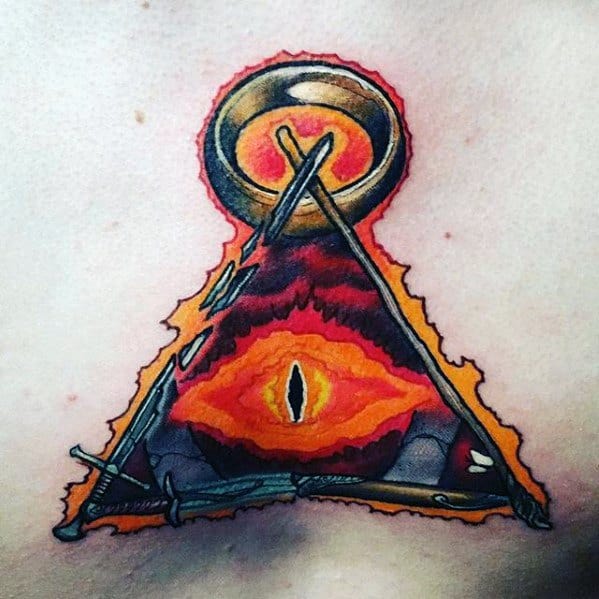 A triangle tattoo featuring the Eye of Sauron at its center is encircled by a fiery design and crossed swords