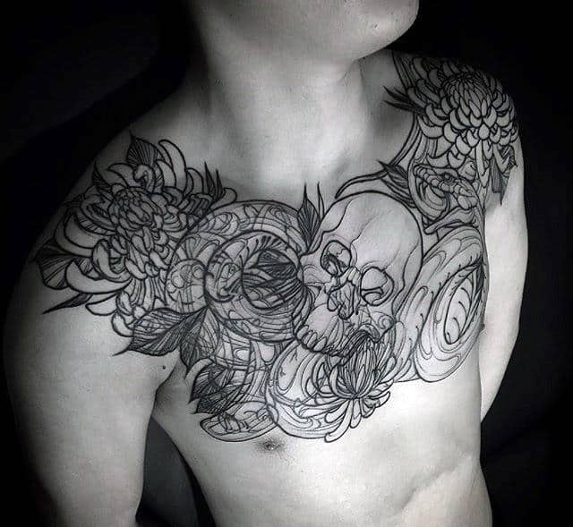 Masculine Chrysanthemum Flower With Snake And Skull Tattoo For Men On Chest