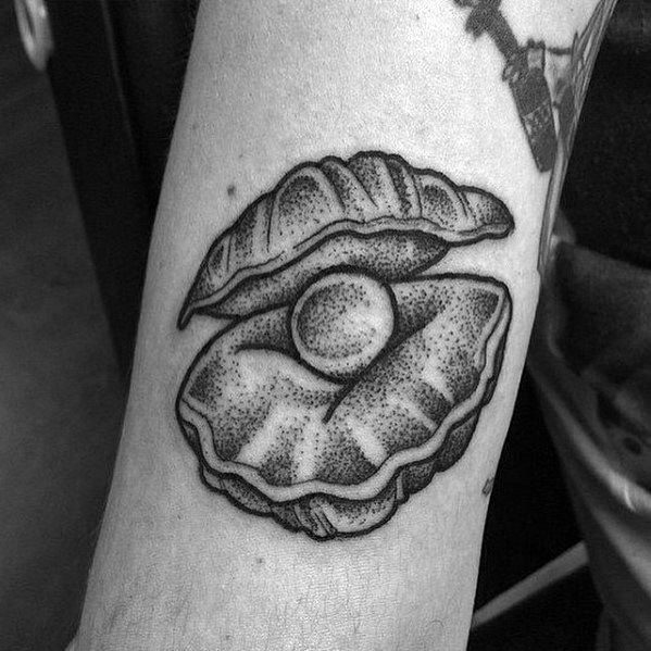 Blackwork clam tattoo with dotwork shading, showing an open shell holding a pearl in a clean, bold traditional style.