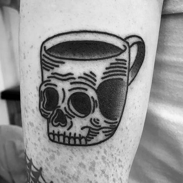 Masculine Coffee Cup Skull Themed Arm Tattoos For Men