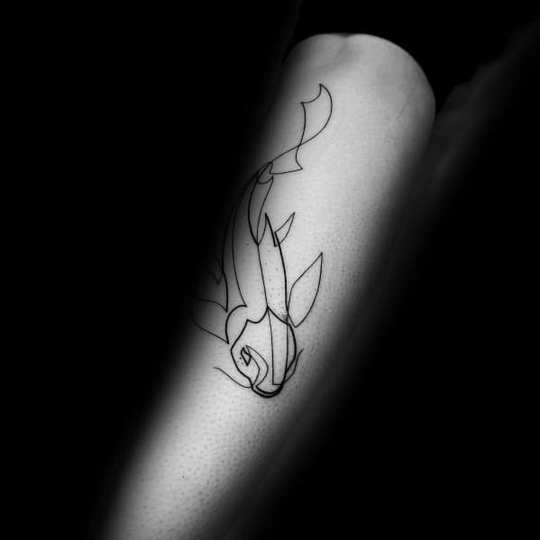 Minimalist continuous line tattoo of a koi fish on the forearm, featuring sleek black ink strokes for a fluid and elegant design.