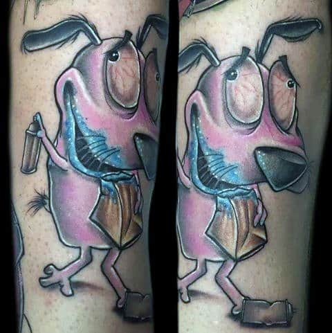 Tattoo of Courage the Cowardly Dog holding a spray can, wearing a paper bag and slippers, with a playful and mischievous expression.