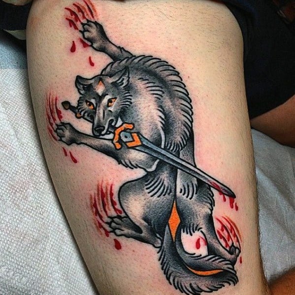 Dark Souls tattoo of Great Grey Wolf Sif with a sword in its mouth, dynamic pose, red claw marks, and bold traditional style.