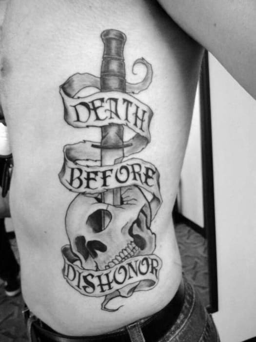 Masculine Death Before Dishonor Guys Skull Dagger Rib Cage Tattoo