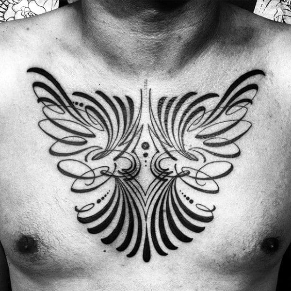 Masculine Decorative Pinstripe Mens Black Ink Chest Tattoos