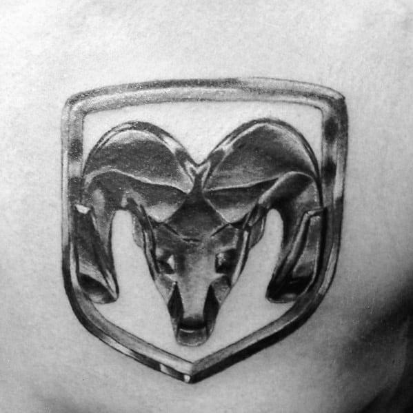Realistic black and grey Dodge Ram logo tattoo, featuring detailed shading for a bold and powerful automotive emblem design.
