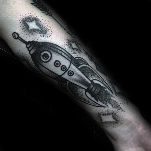 Masculine Dotwork Spaceship Forearm Tattoos For Guys