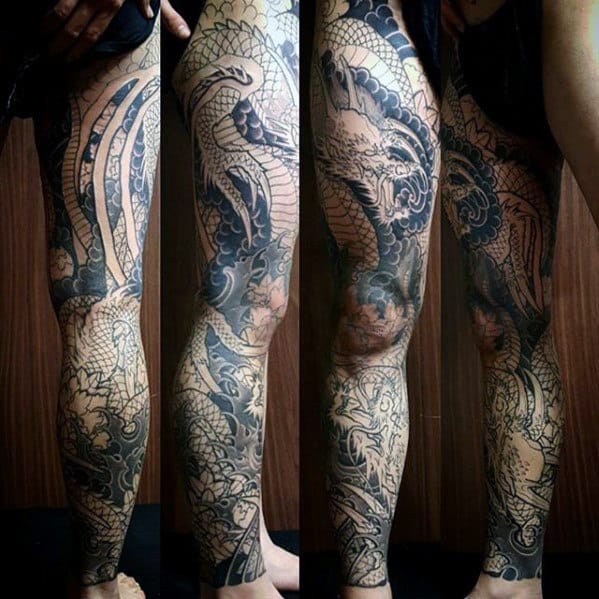 Masculine Dragon Themed Guys Full Leg Sleeve Tattoo Designs