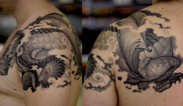 Masculine Dragon Watercolor Shoulder Tattoo Design Ideas For Men