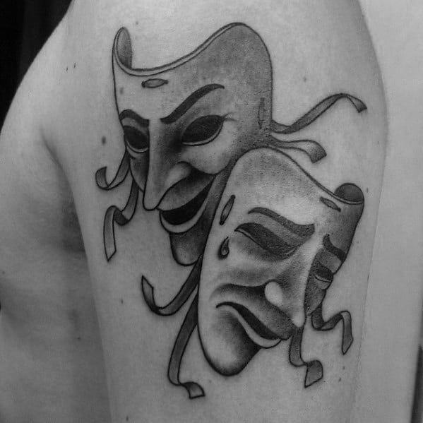 Masculine Drama Mask Tattoos For Men Upper Arm