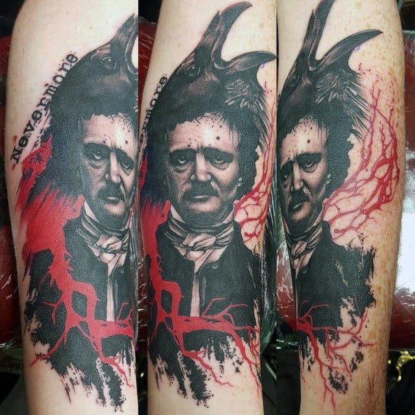 Edgar Allan Poe tattoo with bold black and red ink, featuring a raven, tree-like veins, and “Nevermore” text in a haunting style.