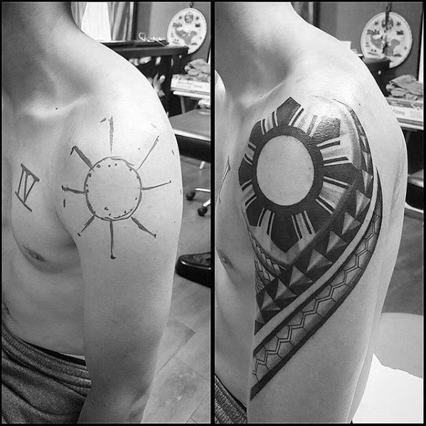 Filipino sun tattoo transformation on the shoulder, evolving from a simple sun outline to a bold tribal design with solid rays and patterned shading.