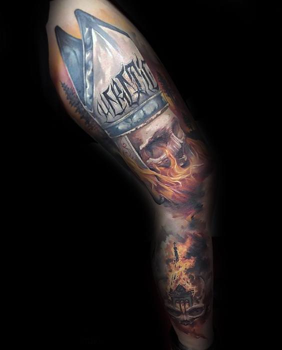 Masculine Flaming Skull Tattoos For Men Full Arm Sleeve