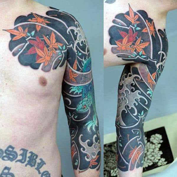 Masculine Flying Leaves In Wind Half Sleeve Japanese Tattoos For Men