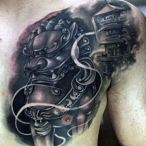 Masculine Foo Dog Watercolor Guys Shaded Tattoo Designs