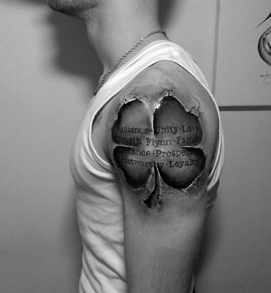 Masculine Four Leaf Clover Black Ink Upper Arm 3d Tattoos
