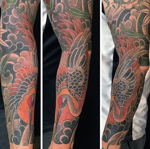 Masculine Full Arm Sleeve Guys Japanese Crane Tattoo