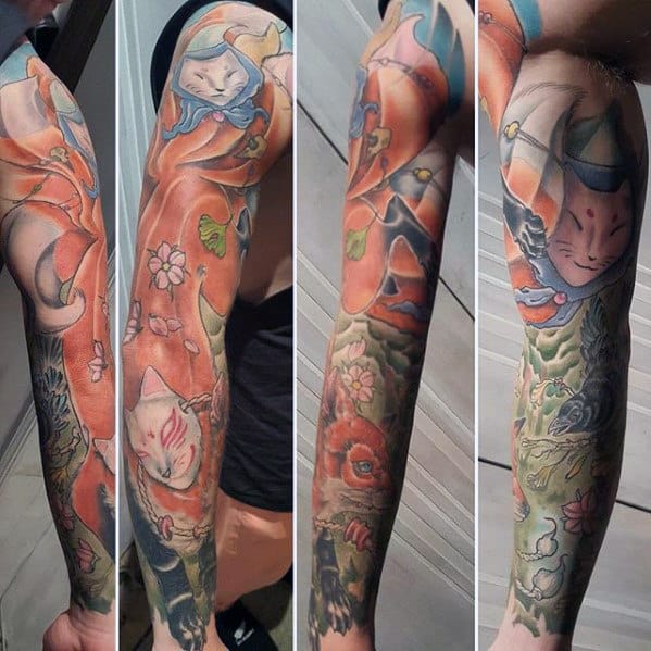 Masculine Full Sleeve Kitsune Guys Nine Tail Fox Tattoos