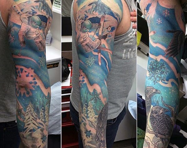 Masculine Full Sleeve Skiing Snow Slopes Mens Tattoo Designs