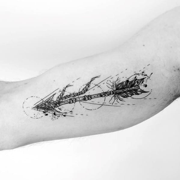 Sketch-style arrow tattoo on the inner arm with dynamic lines, ink splatter effects, and intricate feather and tip detailing.