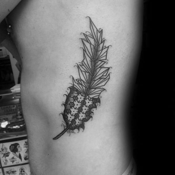 Masculine Geometric Feather Rib Cage Side Tattoos For Men