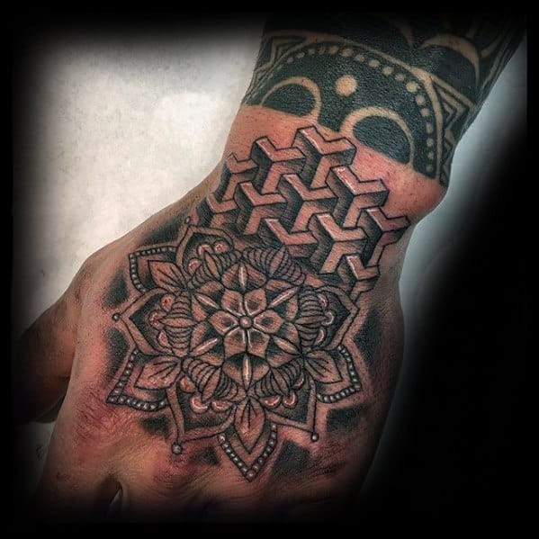 Masculine Geometric Floral Shapes Hand Tattoos For Men