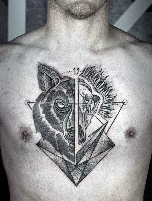 Masculine Geometric Wolf Chest Tattoos For Guys