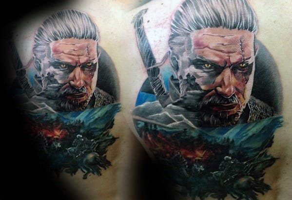 Geralt tattoo with fierce yellow eyes, battle scars, and silver hair, featuring a vivid battlefield scene with warriors and fiery destruction below.