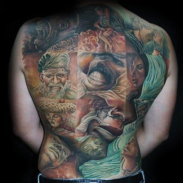 Masculine Great Female Portrait Optical Illusion Full Back Tattoos For Men