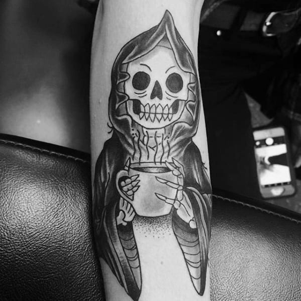 Masculine Grim Reaper Holding Coffee Cup Outer Forearm Tattoos For Men