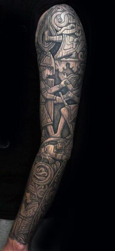 Masculine Guys 3d Wood Carving Full Sleeve Tattoo Designs
