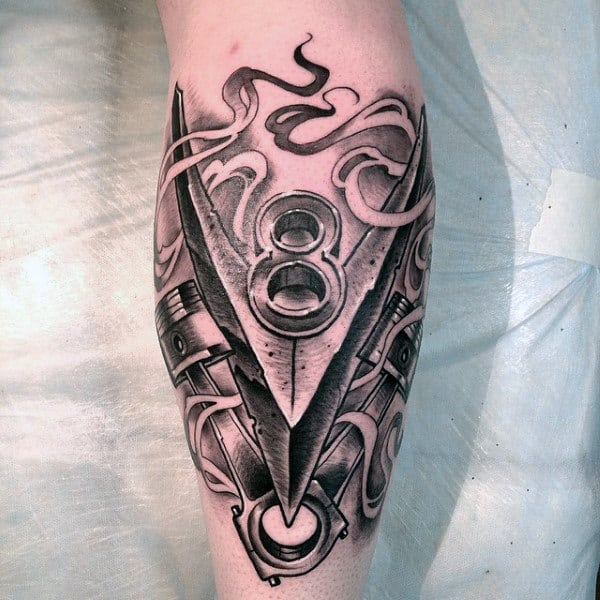 Masculine Guys Back Of Leg V8 Engine Tattoo Designs