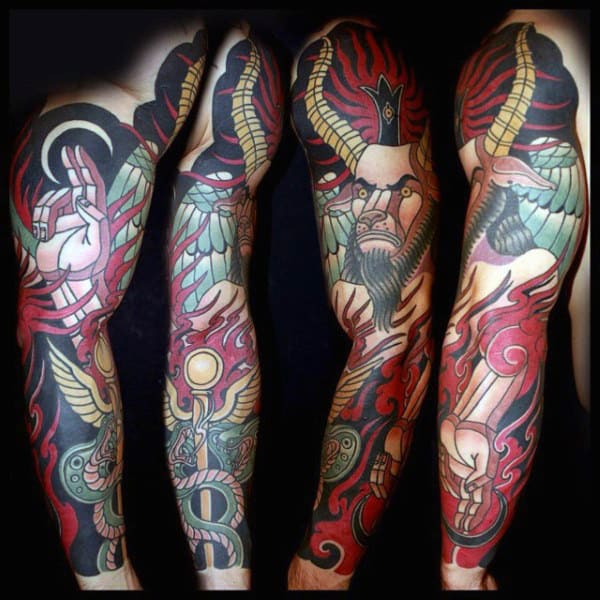 Masculine Guys Baphomet Full Sleeve Themed Tattoo Inspiration