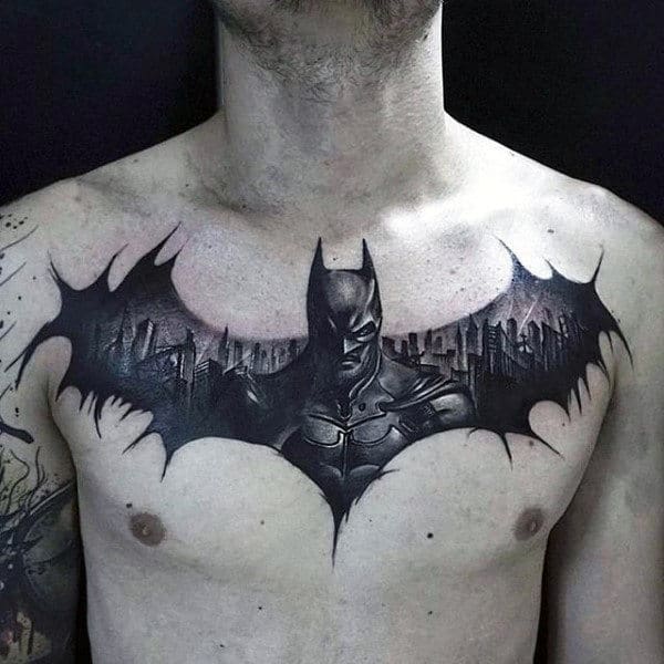 Masculine Guys Batman Symbol Upper Chest Tattoos